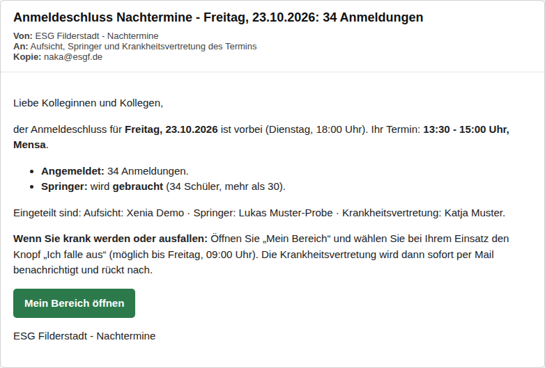 Mail zum Anmeldeschluss